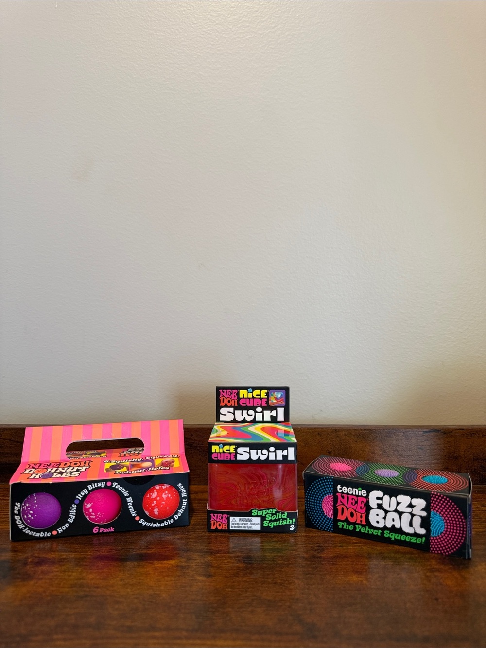 Neon Doh Teenie Fuzz Ball, Swirl, and Dohnut Holes